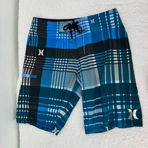 Billabong Platinum X Blue Black White Plaid Drawstring Mens Board Shorts Size 32